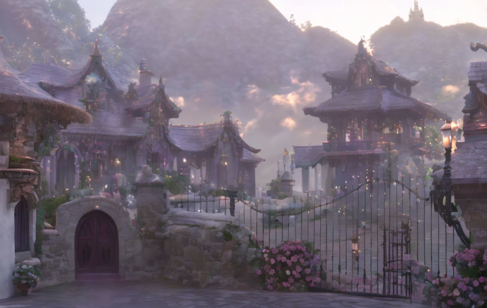 Ethereal village with traditional architecture and glowing lanterns