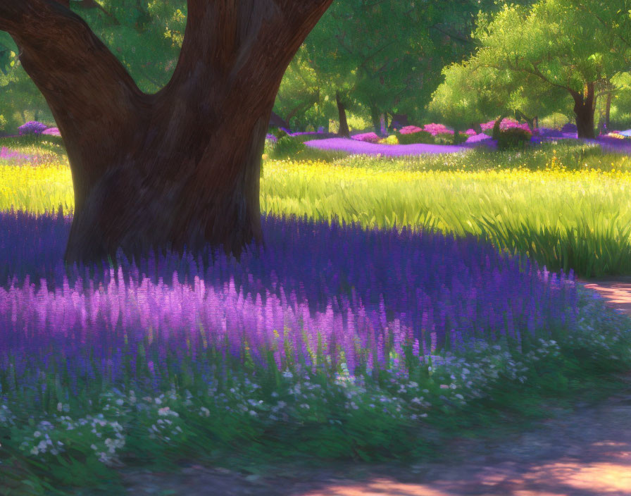 Tranquil landscape with vibrant purple and green flora