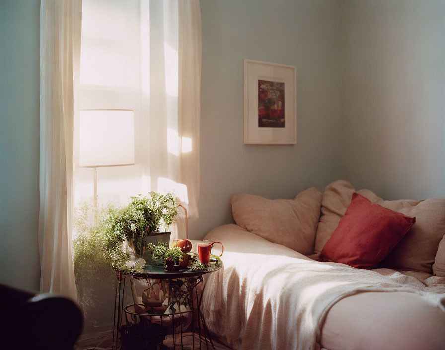 Warm Living Room Corner with Beige Couch, Red Pillow, Floor Lamp, and Plants