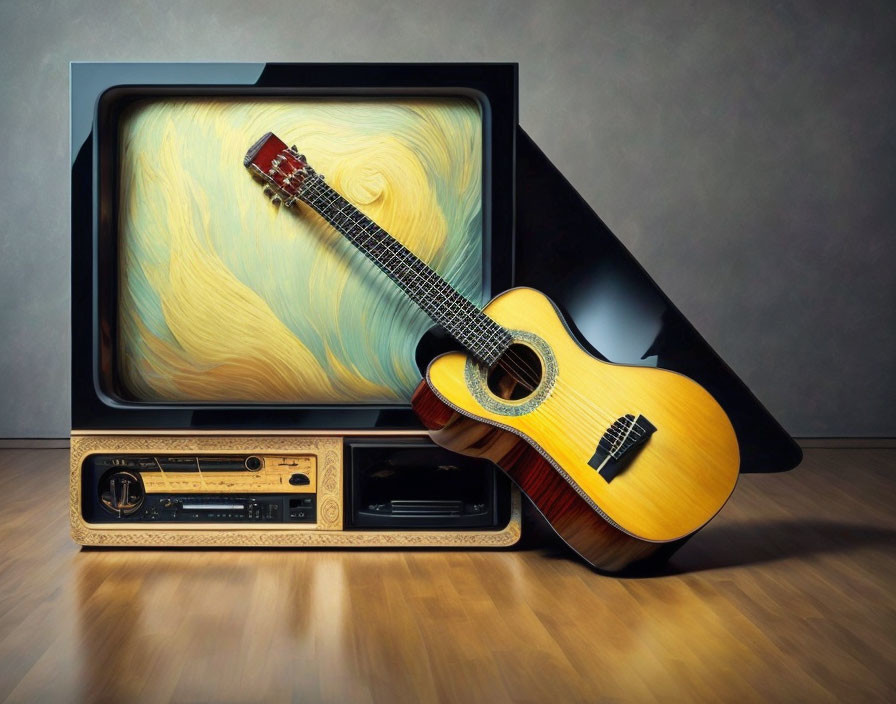 Vintage television, acoustic guitar, retro radio tuner on wooden floor