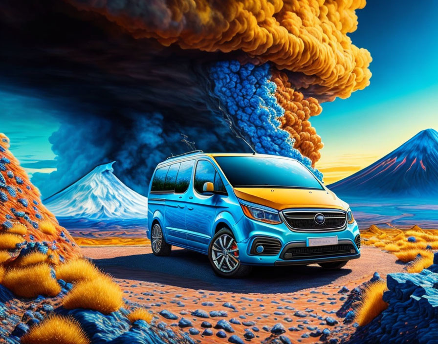 Blue van parked near erupting volcano on rocky surface