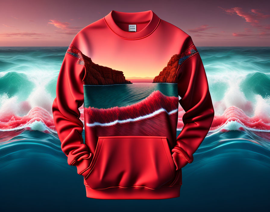 Red Sweatshirt with Ocean Wave & Cliff Sunset Print on Stylized Background