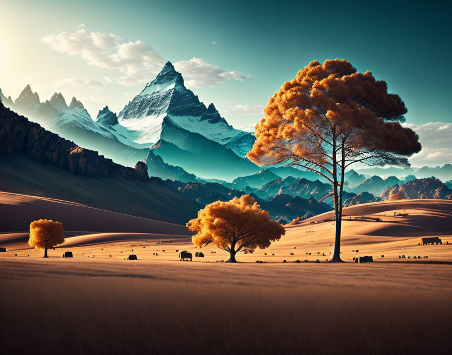 Tranquil landscape with solitary tree, rolling hills, livestock, and snow-capped mountains