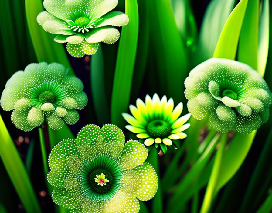 Stylized digital art: Vibrant green flowers with dotted petals on lush leafy background