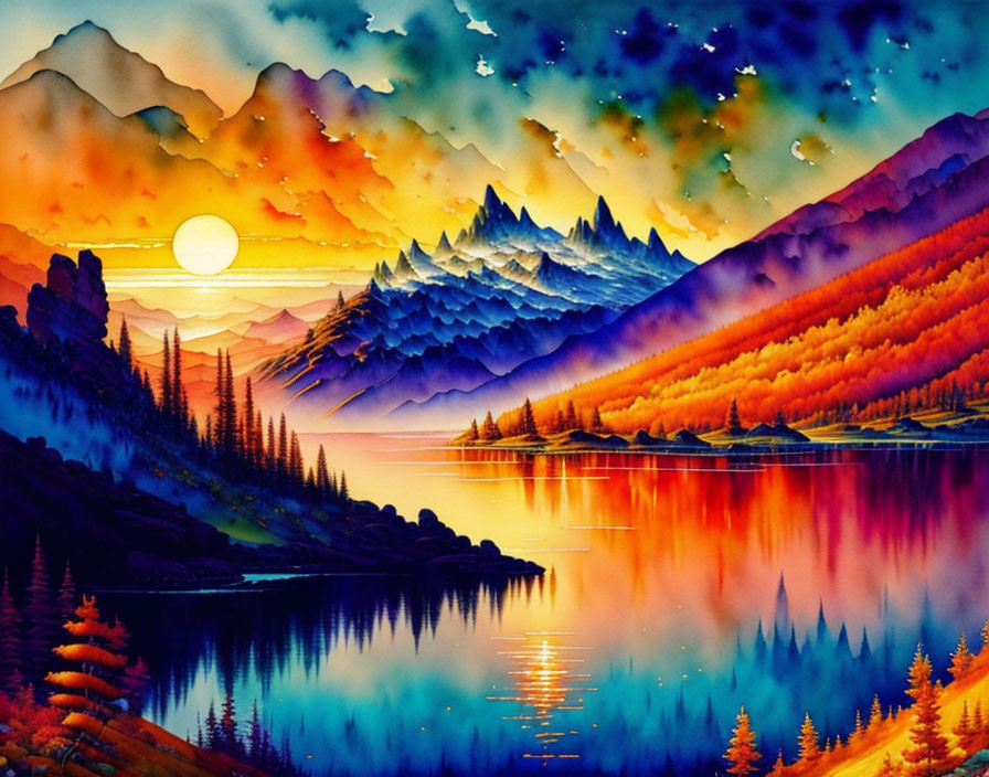 Colorful Mountain Landscape Painting at Sunset