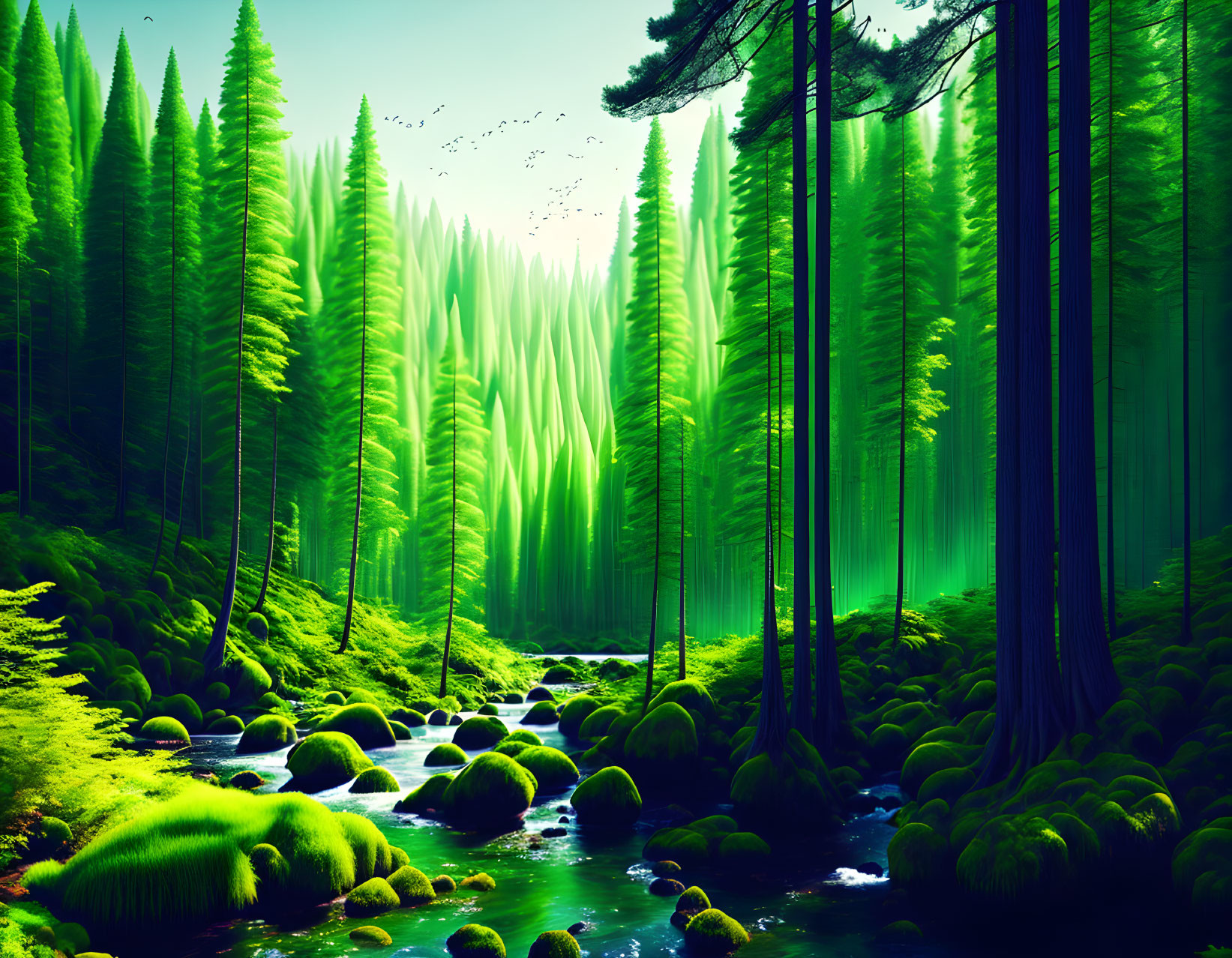 Serene forest scene: tall trees, mossy ground, stream, birds, sunlight