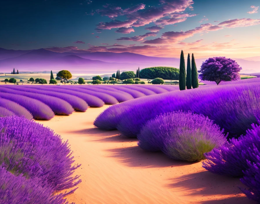 Lavender Fields with Rolling Hills and Purple Sky