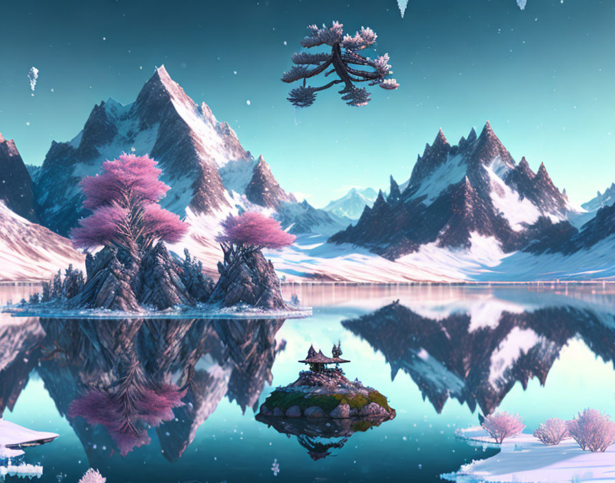 Tranquil digital art: serene lake, snowy mountains, pink foliage, temple, snowfall