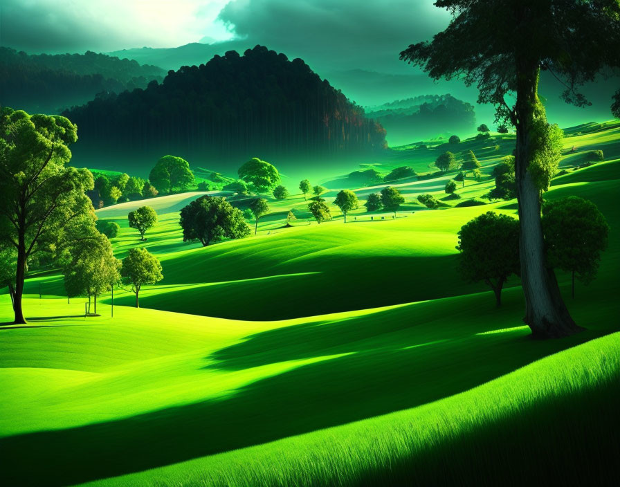 Vibrant green hills with trees, fog, and serene sky