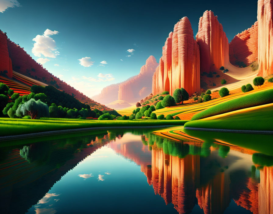 Scenic landscape: towering red cliffs, green hills, serene river