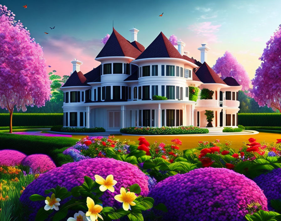 Luxurious White Mansion Surrounded by Colorful Garden at Twilight