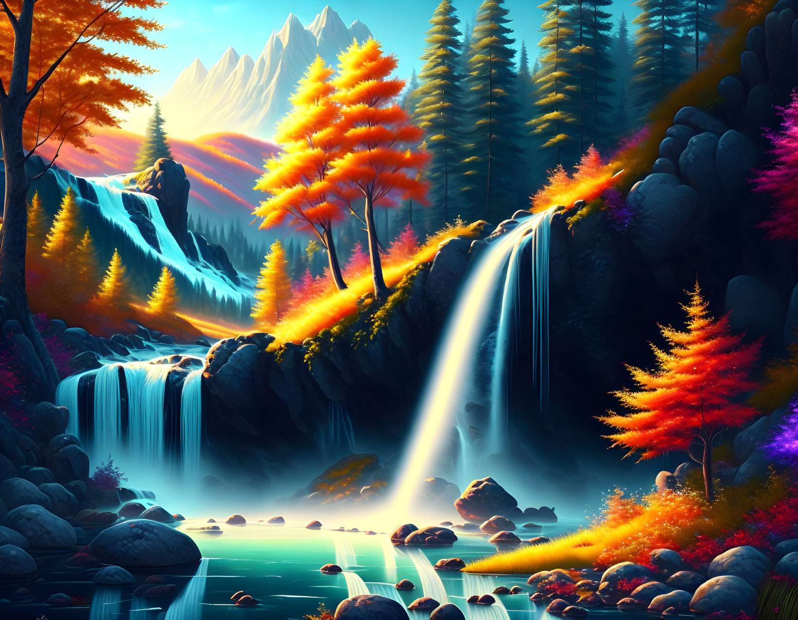 Colorful Fantasy Landscape with Waterfalls, Pool, and Mountains