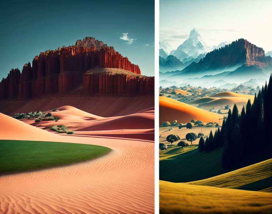 Contrasting desert and valley landscapes with sand dunes and snowy peak