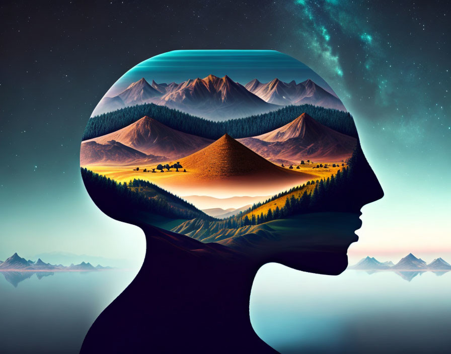 Human head silhouette with mountain landscape and starry sky inside