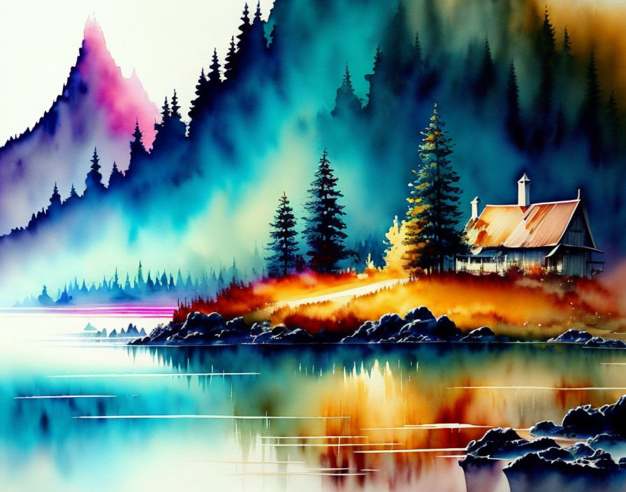 Serene lakeside cabin scene with autumn foliage in watercolor