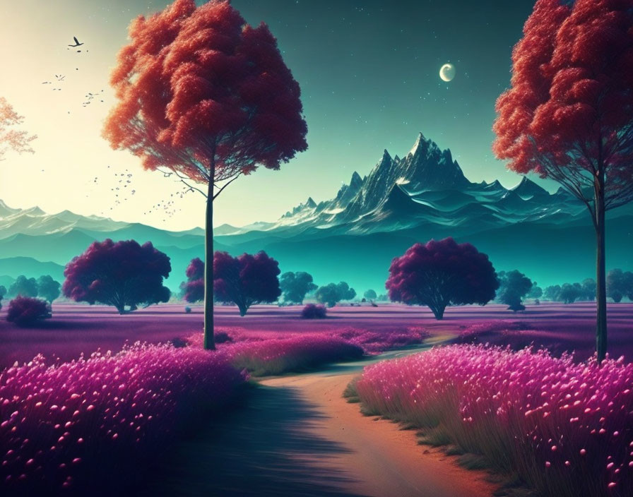 Tranquil dusk landscape with pink flowers, red-leaved trees, crescent moon, and birds