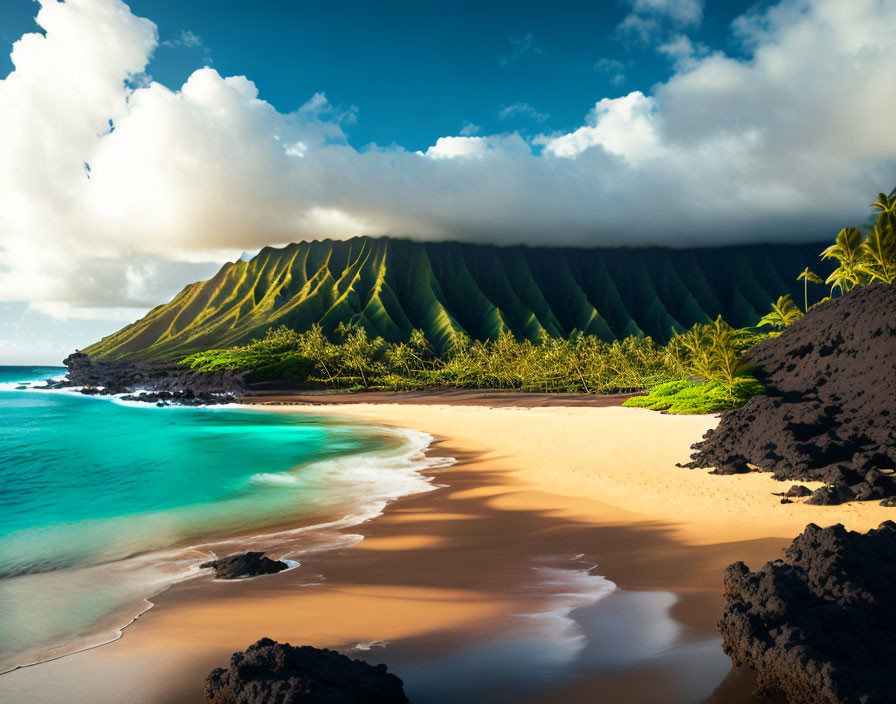 Tropical Beach Scene with Palm Trees and Volcanic Rocks