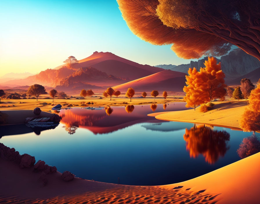 Tranquil sunset landscape with lake, dunes, trees, and mountains