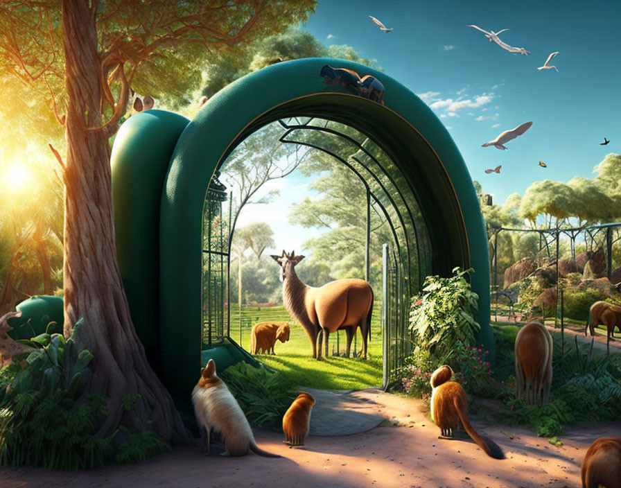 Peaceful landscape with arch-shaped doorway and diverse animals coexisting