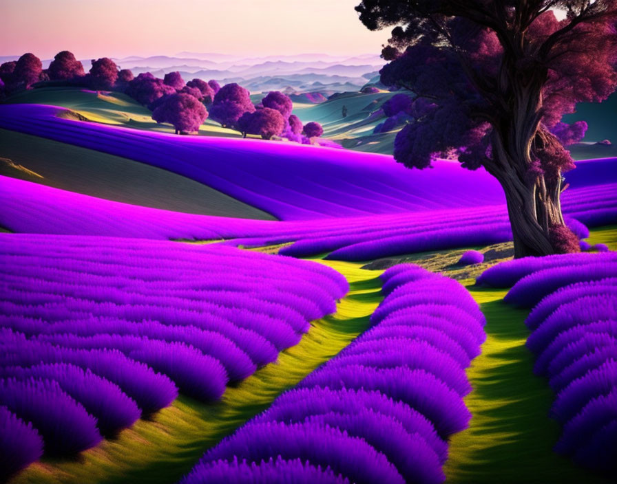 Scenic Lavender Fields with Twilight Sky and Solitary Tree