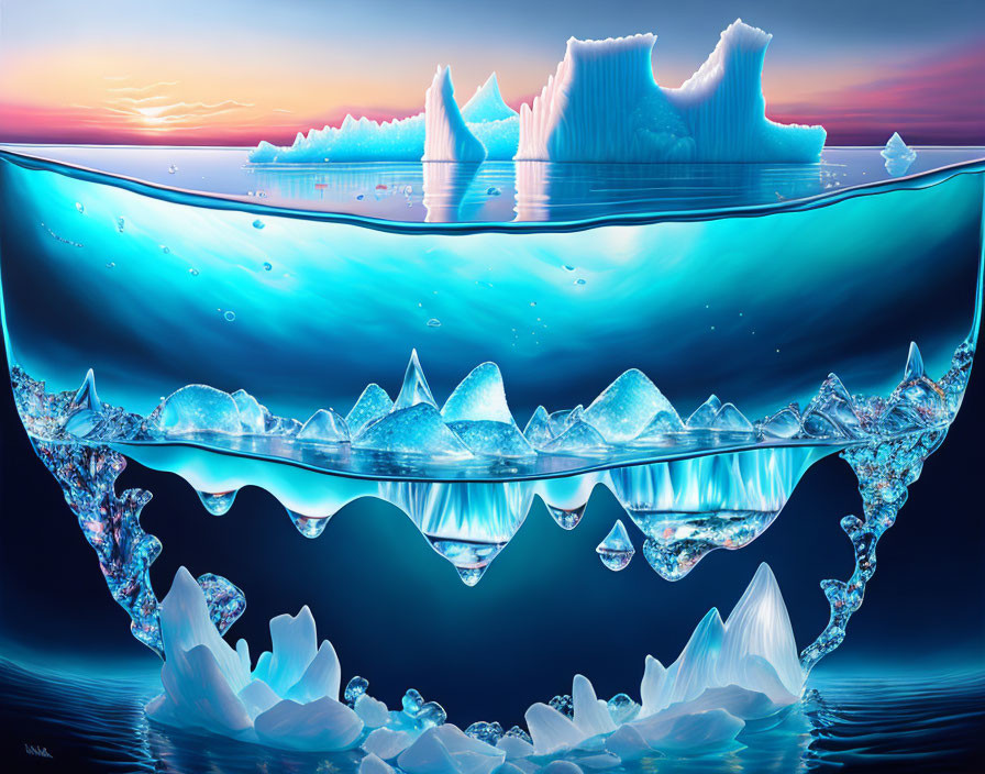 Split-View Surreal Icebergs Above and Below Ocean Surface at Sunset