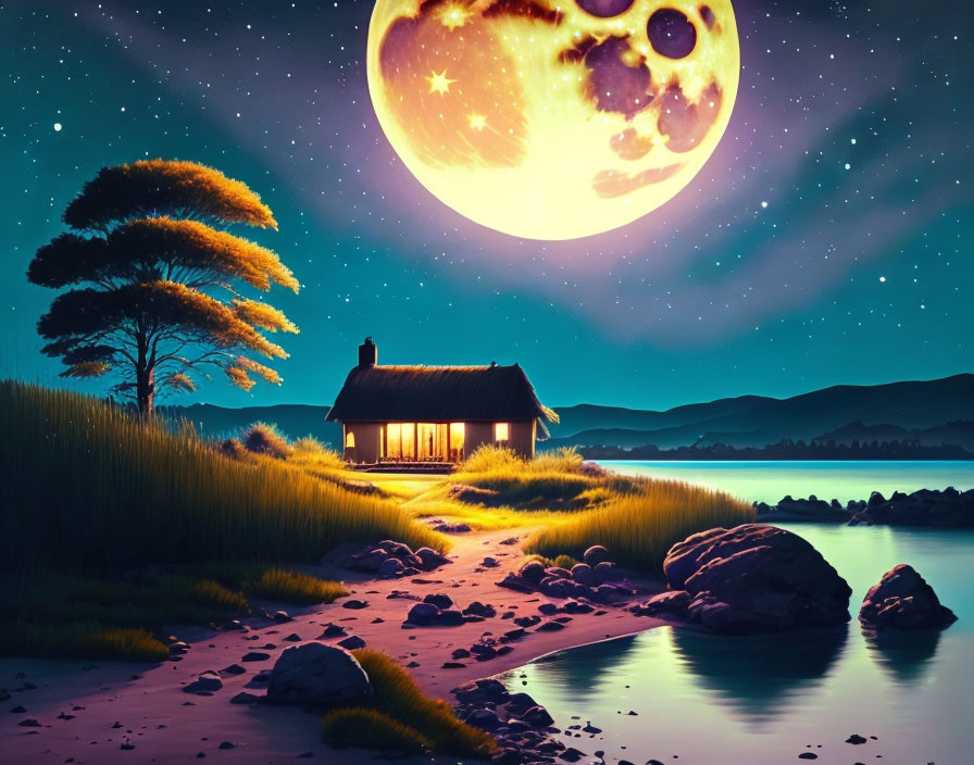 Tranquil night landscape with full moon, cottage, lake, tree, and hills