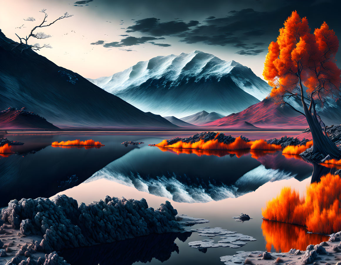 Snowy Mountains and Fiery Foliage in Vibrant Landscape