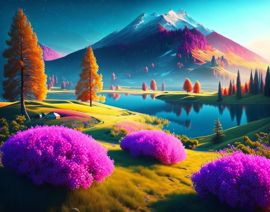 Scenic landscape with purple flowers, golden trees, lake, and snow-capped mountain