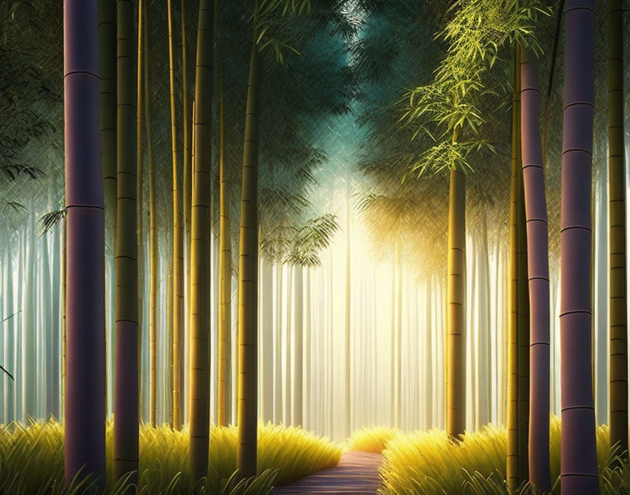 Tranquil Bamboo Forest with Sunlit Path and Vibrant Greenery