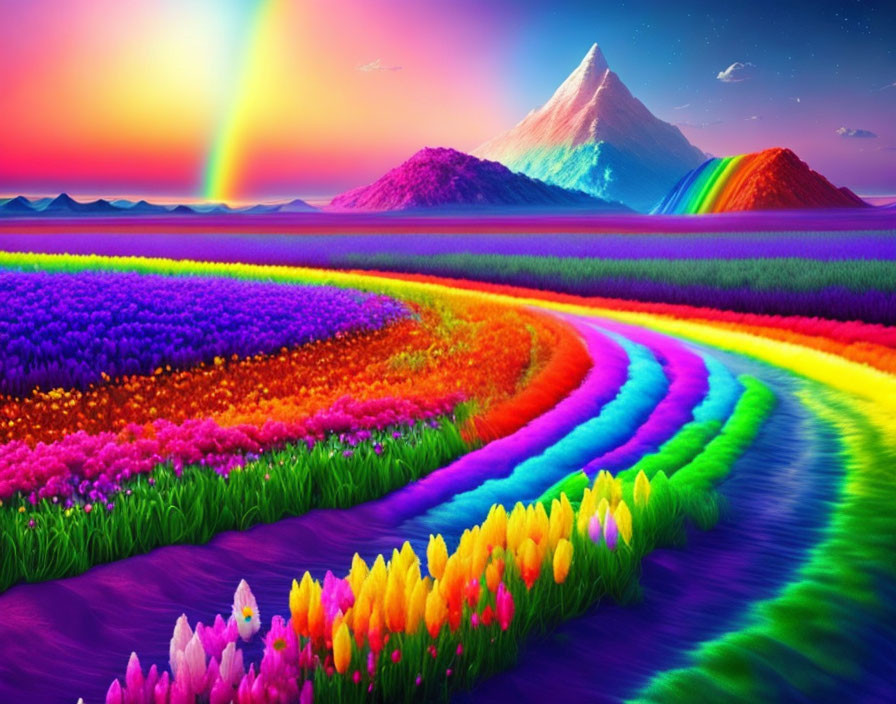 Colorful Flower Fields with Rainbow and Sunset Sky over Mountain