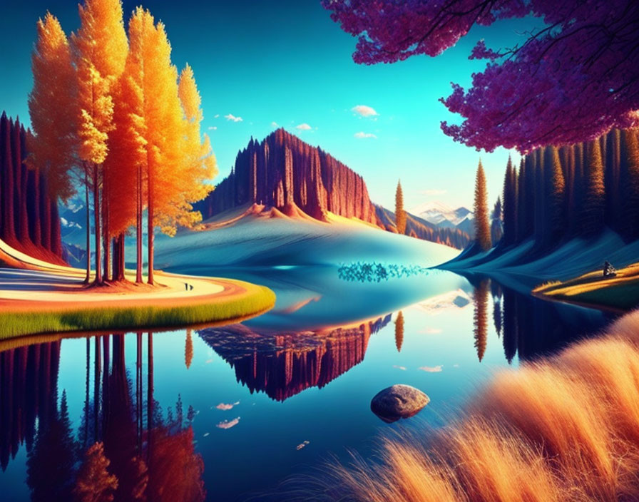 Tranquil autumn landscape with colorful trees and calm lake