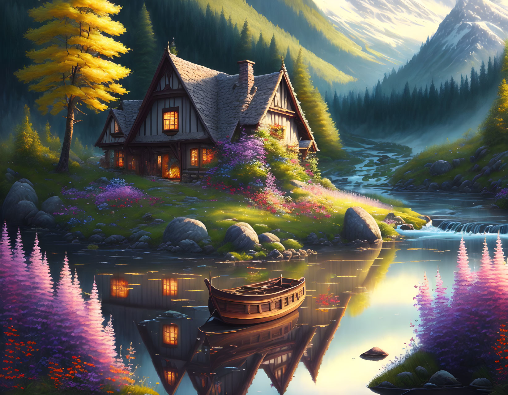 Tranquil cottage by lake with boat, mountains, and warm lights