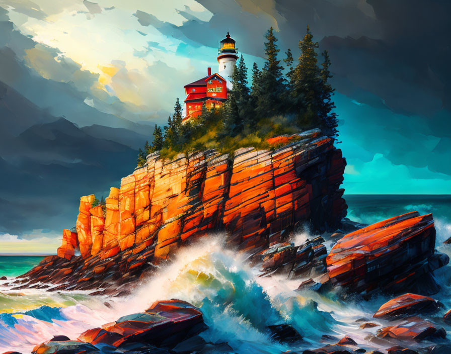 Red and White Lighthouse on Cliff Amidst Crashing Waves