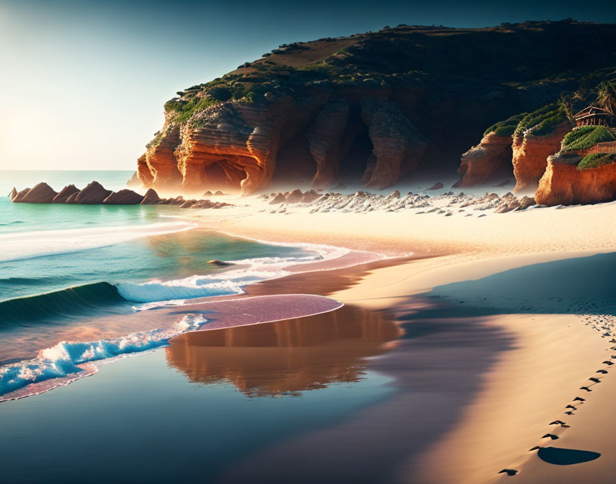 Serene beach with cliffs, waves, and footprints in golden sunlight