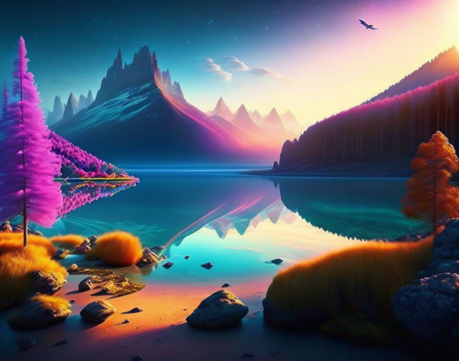 Colorful surreal landscape with lake, trees, mountains, twilight sky, bird