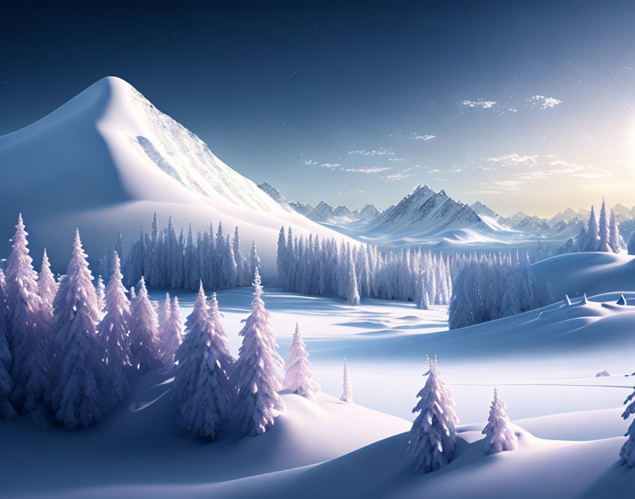 Snow-covered mountain and frosted pine trees in serene winter landscape