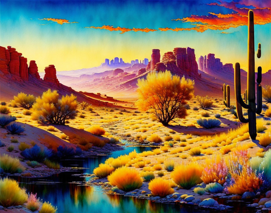 Colorful Desert Landscape with Cacti and Water Body at Sunset