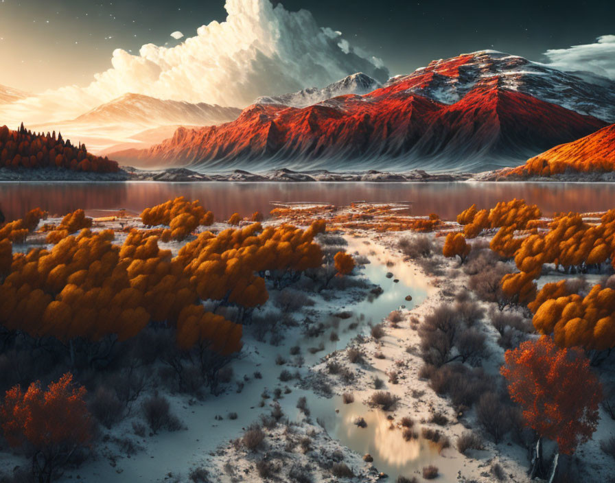 Scenic autumn landscape with river, orange foliage, red mountains, and dramatic sky