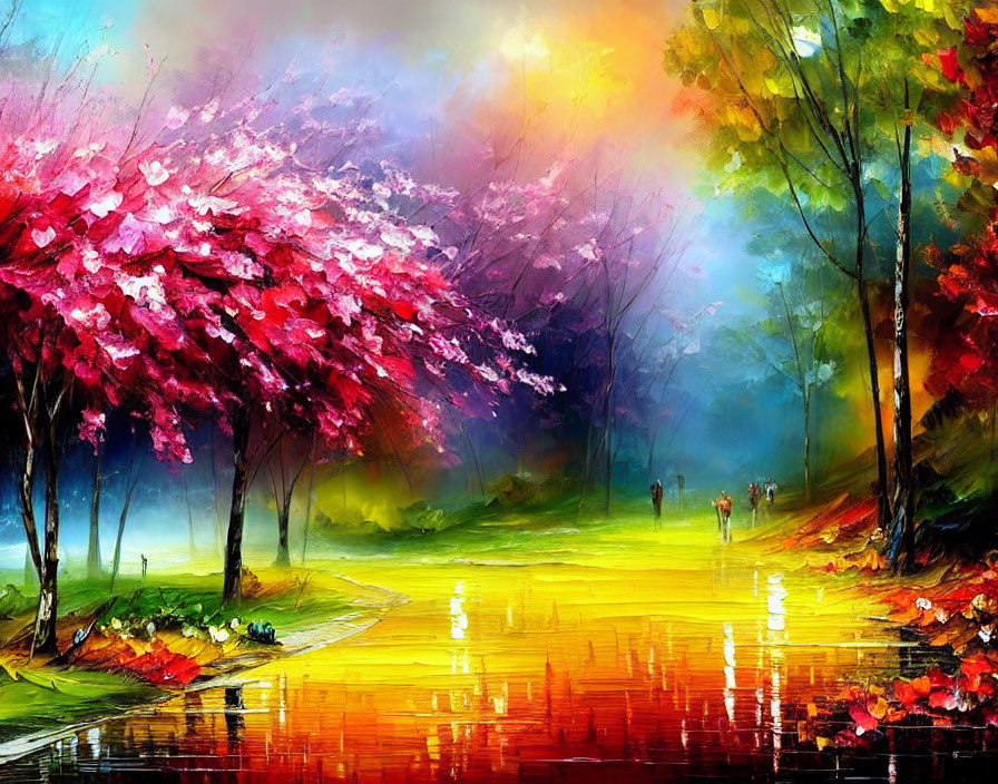 Whimsical forest painting with vibrant colors and blossoming trees