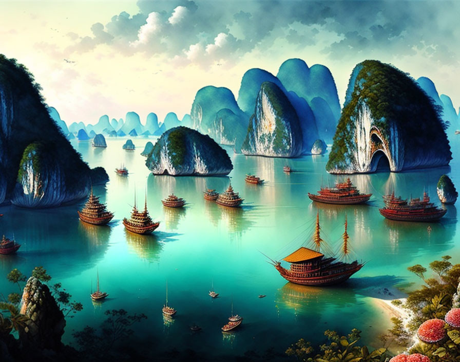 Digital painting: Serene bay with traditional ships, karst mountains, and lush foliage under blue sky