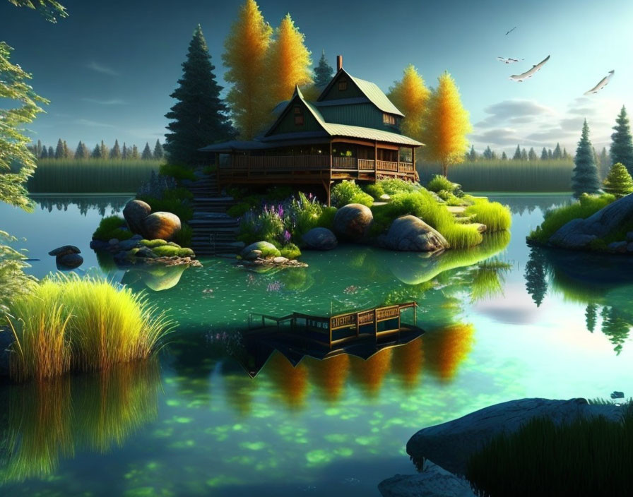 Tranquil lakeside landscape with cozy house, pier, lush trees, rocks, and birds at