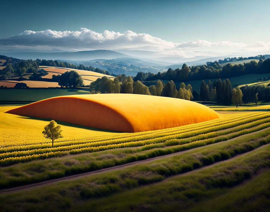 Surreal landscape featuring giant orange cheese hill under blue sky