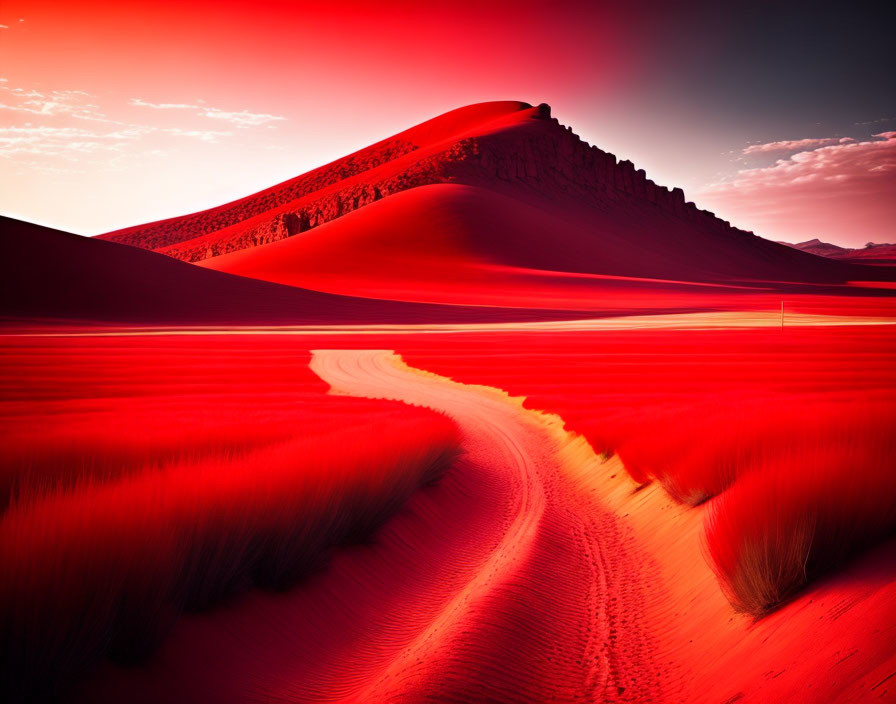 Dramatic Red Desert Landscape with Curved Pathway