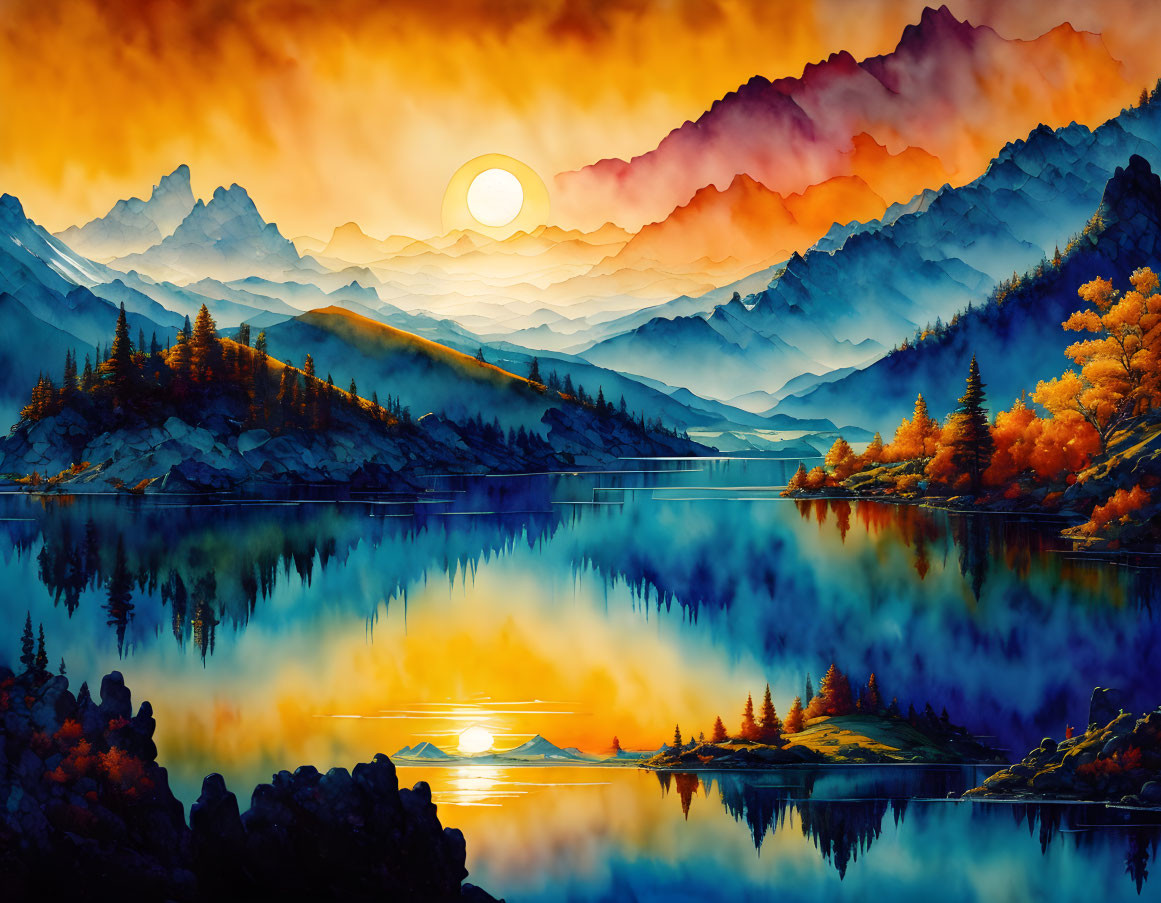 Serene lake at sunset with autumn trees and mountains