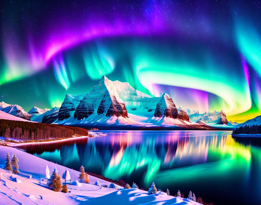 Northern Lights illuminating snowy mountains and lake under starry sky