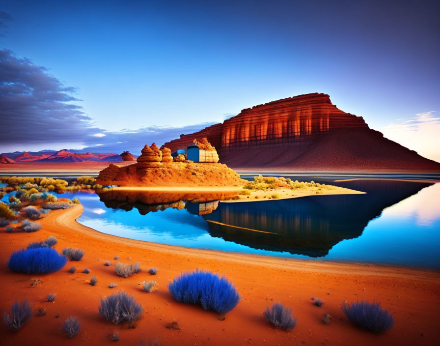 Colorful Desert Sunset Scene with Reflective Lake and Rock Formations