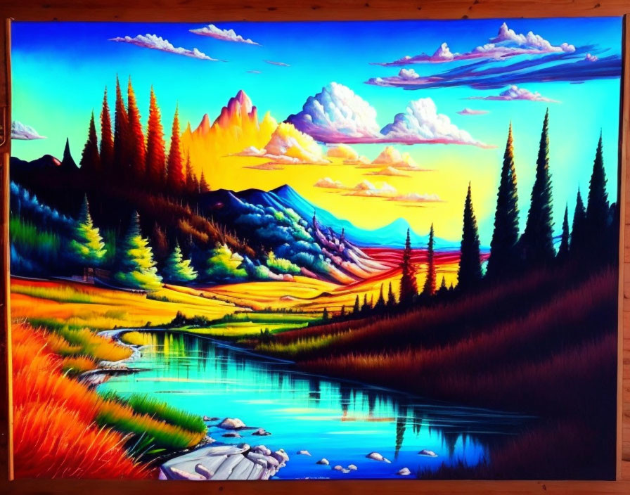 Colorful Landscape Painting with River, Trees, Hills, and Sunset Sky