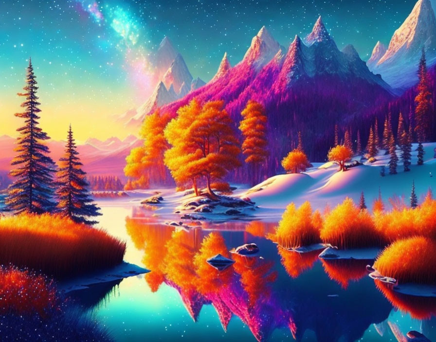 Colorful landscape with purple mountains, orange forest, blue waters, and snowy peaks