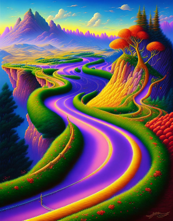 Colorful surreal landscape with purple rivers, hills, trees, and mountains under pastel sky