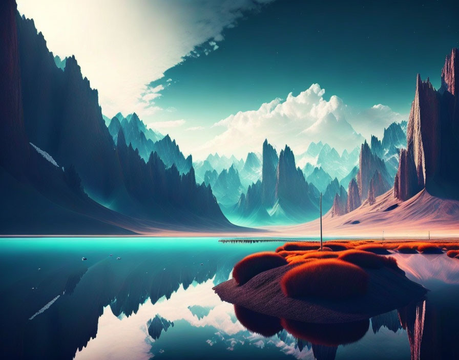 Tranquil digital landscape with sharp mountain peaks, still lake, lone tree on island